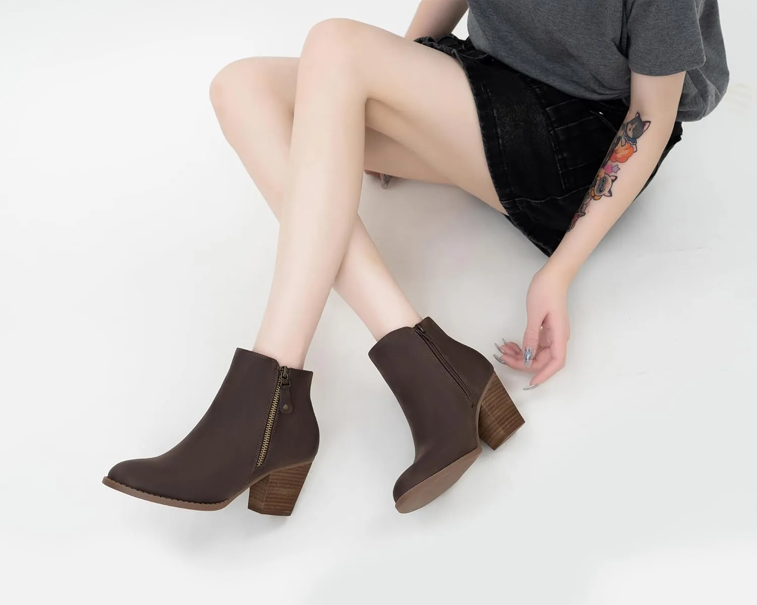 ANJOUFEMME Women's Zipper Chunky Ankle Boots, Stacked Mid Heel Dress Boots, Comfortable Short Booties