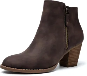 ANJOUFEMME Women's Zipper Chunky Ankle Boots, Stacked Mid Heel Dress Boots, Comfortable Short Booties