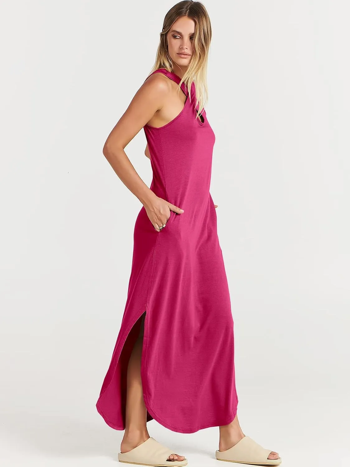 ANRABESS Women’s Casual Summer Maxi Dress Sexy Slit Side Sleeveless Loose Beach Long Sundress Vacation Outfits with Pockets