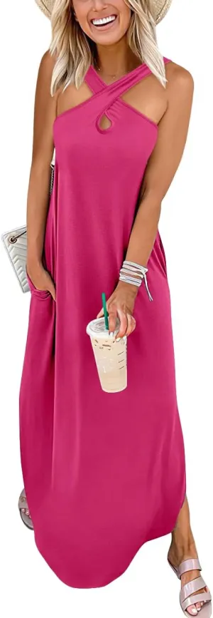 ANRABESS Women’s Casual Summer Maxi Dress Sexy Slit Side Sleeveless Loose Beach Long Sundress Vacation Outfits with Pockets