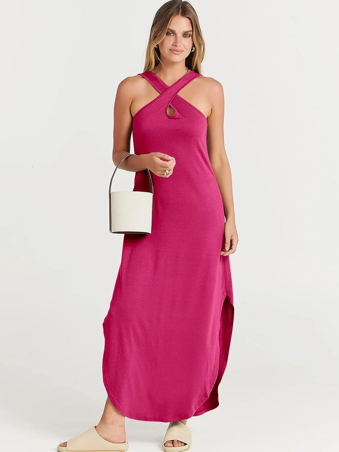 ANRABESS Women’s Casual Summer Maxi Dress Sexy Slit Side Sleeveless Loose Beach Long Sundress Vacation Outfits with Pockets