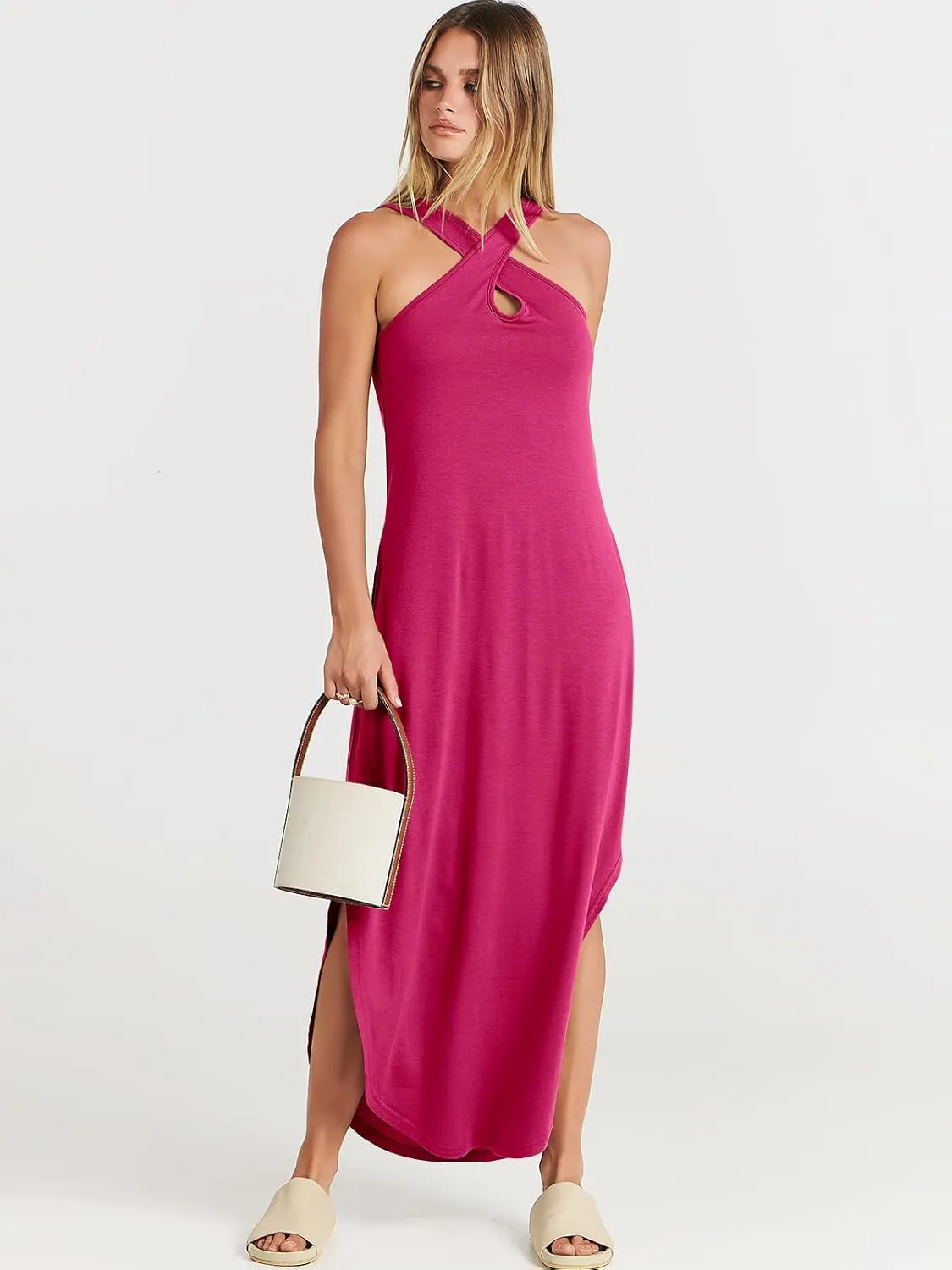 ANRABESS Women’s Casual Summer Maxi Dress Sexy Slit Side Sleeveless Loose Beach Long Sundress Vacation Outfits with Pockets