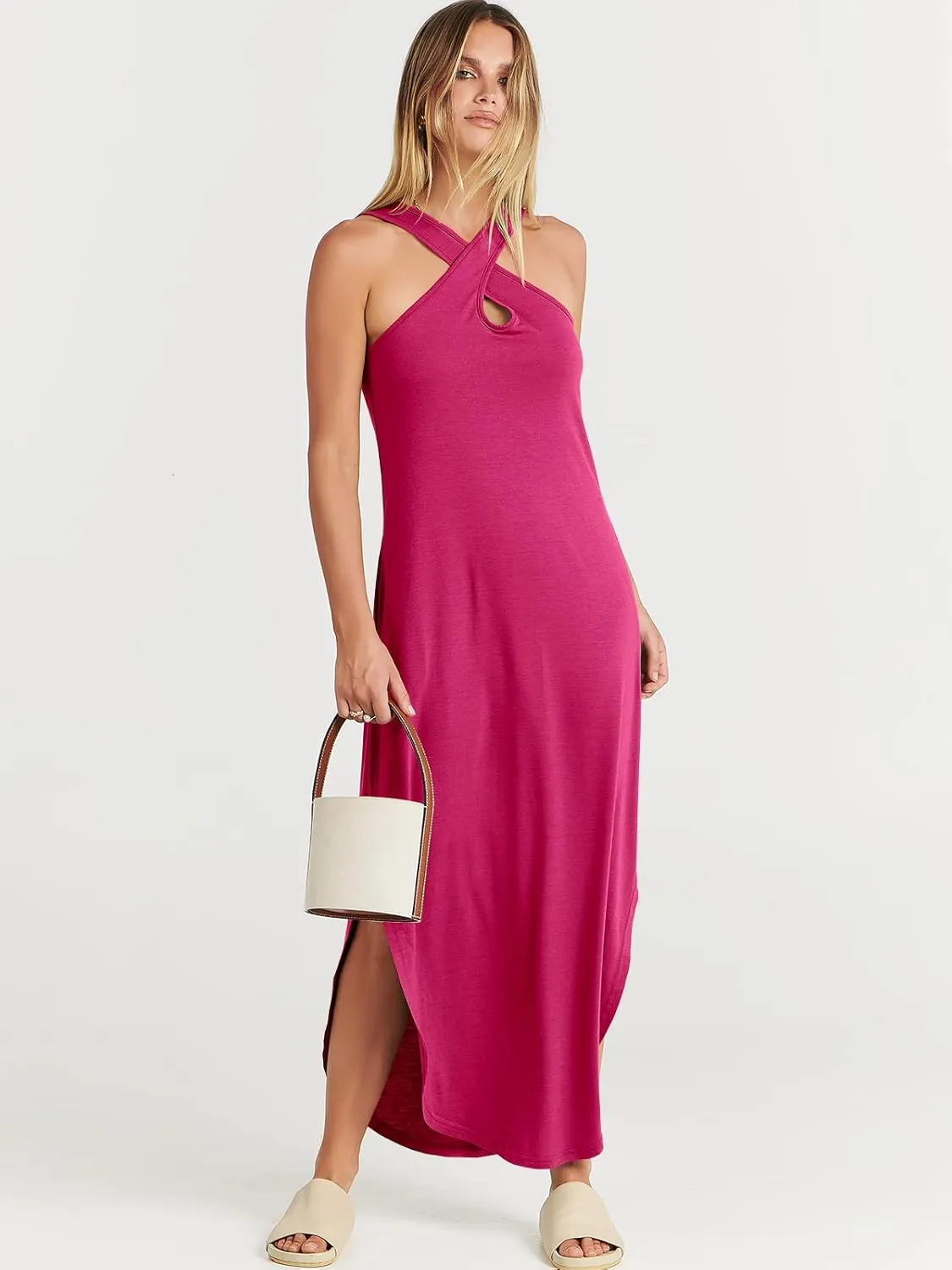 ANRABESS Women’s Casual Summer Maxi Dress Sexy Slit Side Sleeveless Loose Beach Long Sundress Vacation Outfits with Pockets