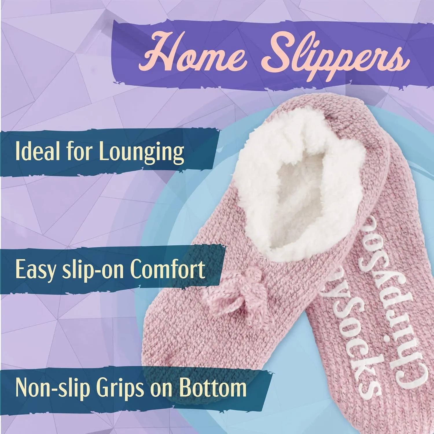 BambooMN Adult Women Super Soft Warm Cozy Fancy Yarn Slippers Non-Slip Lined Socks, Indoor Comfy House Slippers, 3 Pairs