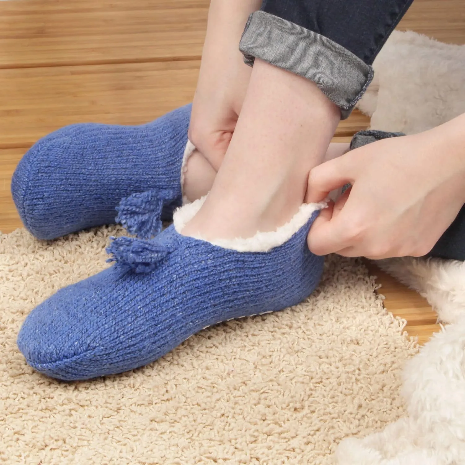 BambooMN Adult Women Super Soft Warm Cozy Fancy Yarn Slippers Non-Slip Lined Socks, Indoor Comfy House Slippers, 3 Pairs
