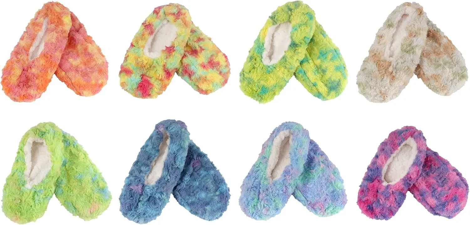 BambooMN Soft Touch Warm Cozy Fuzzy Non-Slip Lined Slip-On Slippers Socks for Adult Women, Indoor Travel House Slippers, 3 Pairs