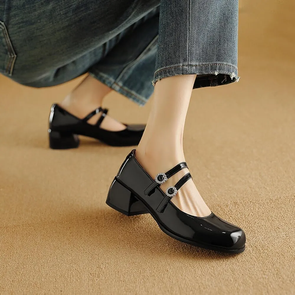 Big Size Rhinestone Double Fasteners Women's Lolita Shoes Mary Jane Platform Chunky Heels Pumps Comfort Square Toe Dressy Shoes for Wedding Work Office