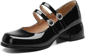 Big Size Rhinestone Double Fasteners Women's Lolita Shoes Mary Jane Platform Chunky Heels Pumps Comfort Square Toe Dressy Shoes for Wedding Work Office