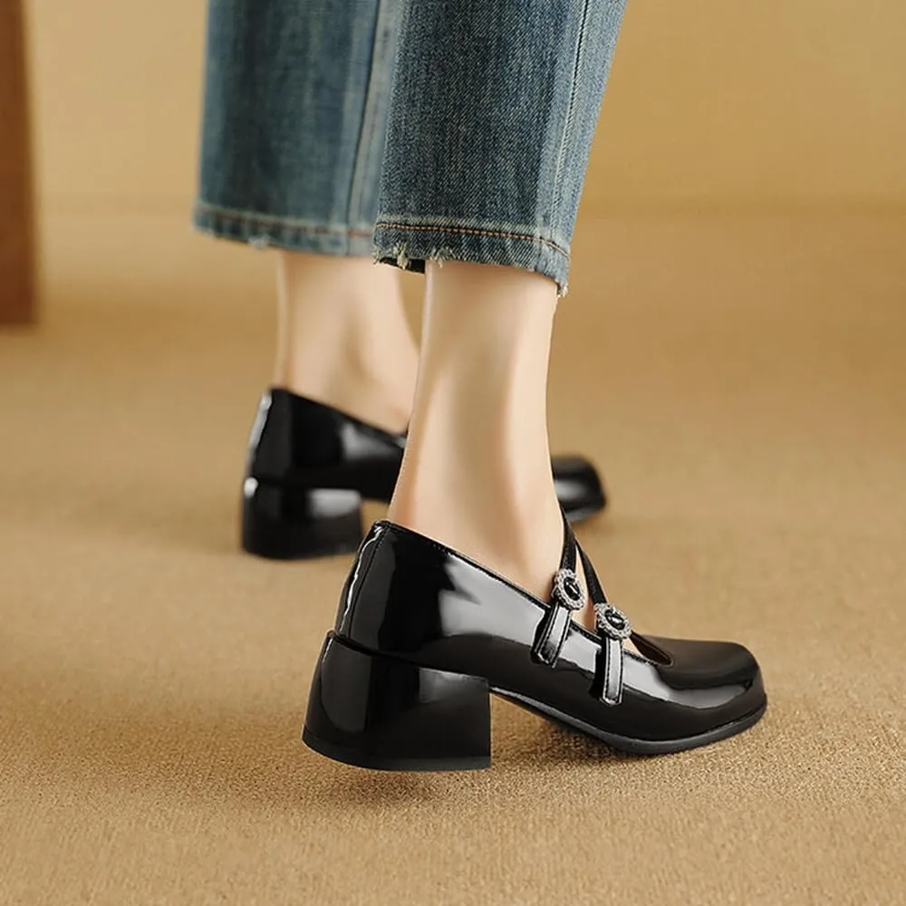 Big Size Rhinestone Double Fasteners Women's Lolita Shoes Mary Jane Platform Chunky Heels Pumps Comfort Square Toe Dressy Shoes for Wedding Work Office