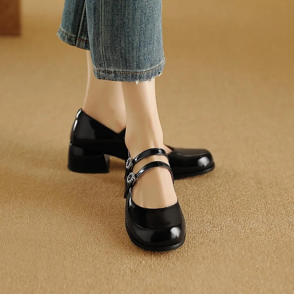 Big Size Rhinestone Double Fasteners Women's Lolita Shoes Mary Jane Platform Chunky Heels Pumps Comfort Square Toe Dressy Shoes for Wedding Work Office