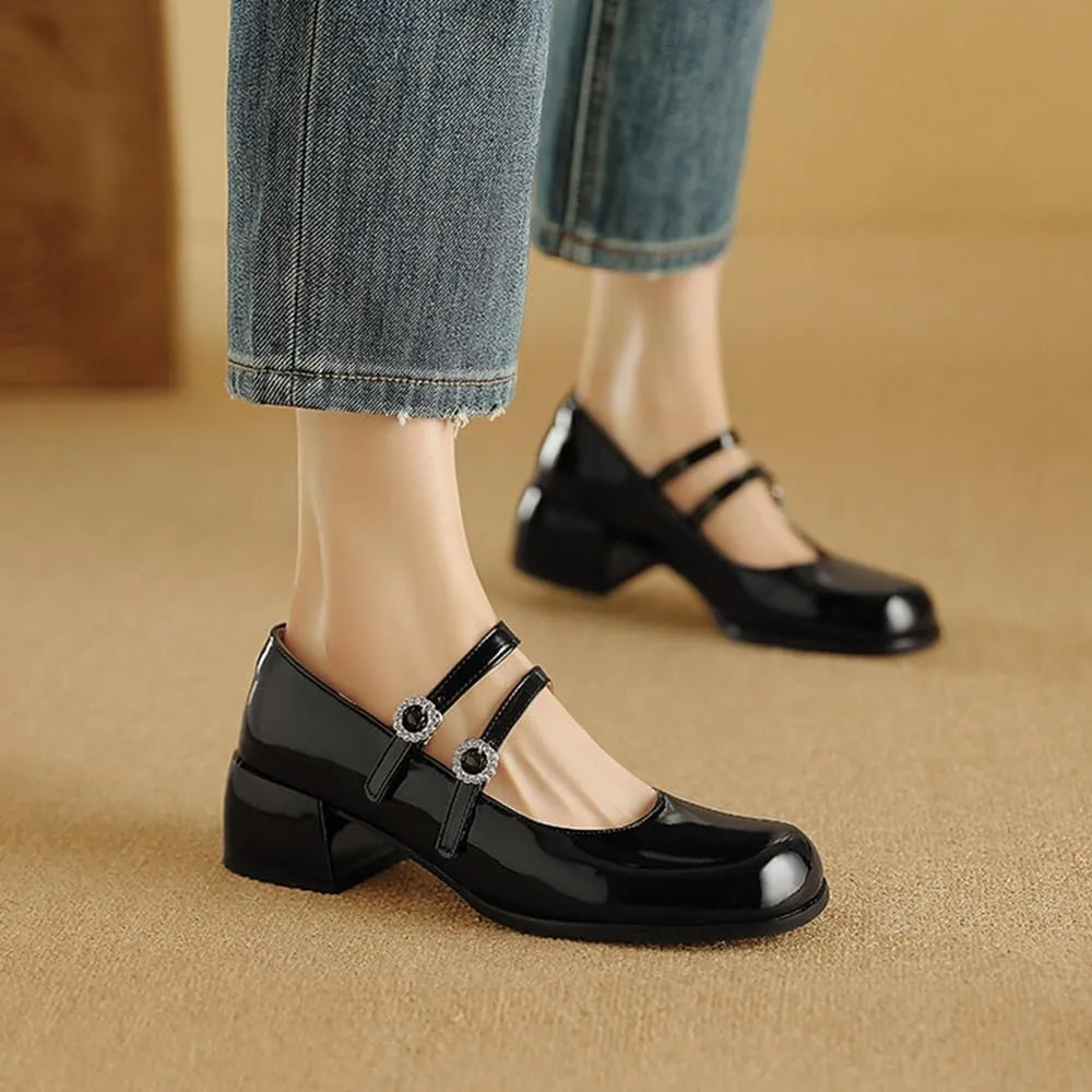 Big Size Rhinestone Double Fasteners Women's Lolita Shoes Mary Jane Platform Chunky Heels Pumps Comfort Square Toe Dressy Shoes for Wedding Work Office