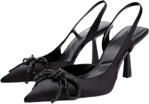 Black Heels with Bow Pumps for Women Stiletto Heel Satin Slingback Spring Shoes
