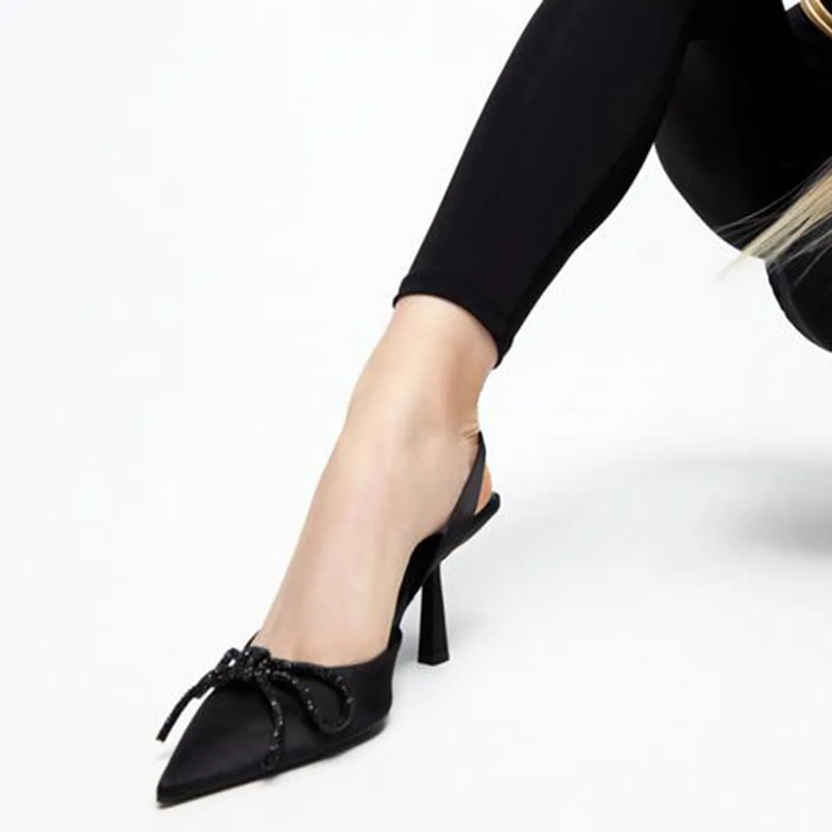 Black Heels with Bow Pumps for Women Stiletto Heel Satin Slingback Spring Shoes
