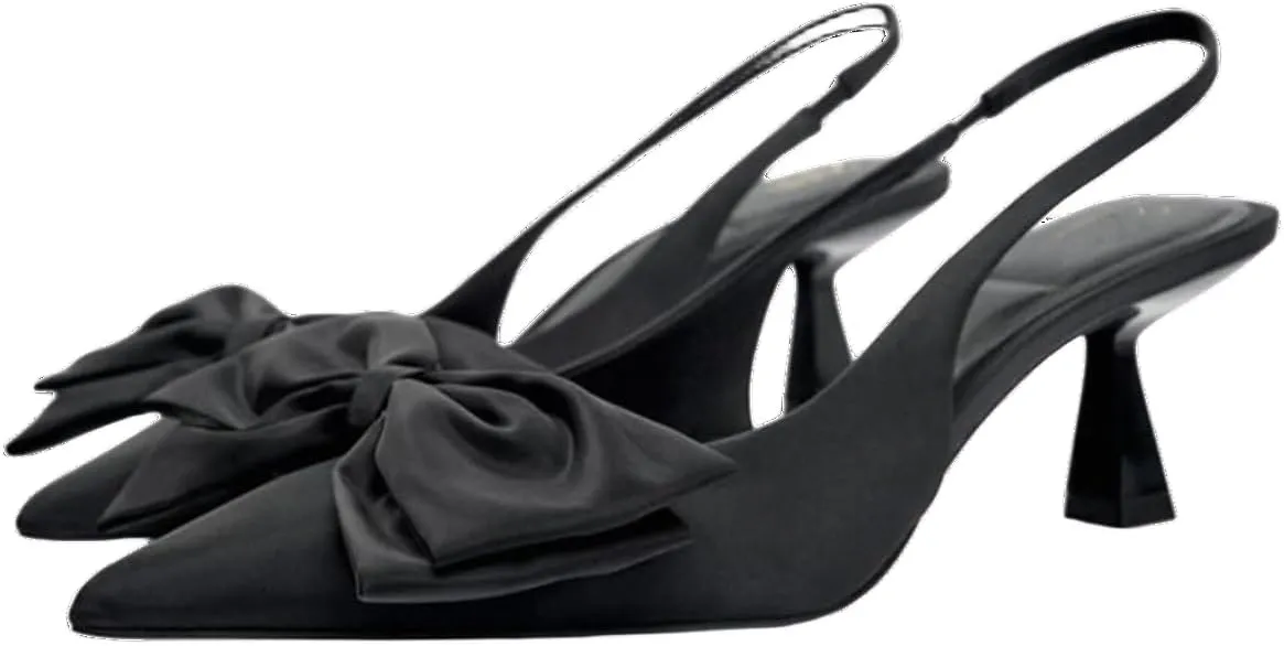 Black Heels with Bow Pumps for Women Stiletto Heel Satin Slingback Spring Shoes