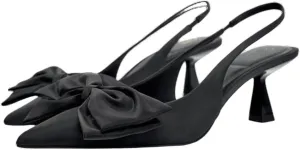 Black Heels with Bow Pumps for Women Stiletto Heel Satin Slingback Spring Shoes