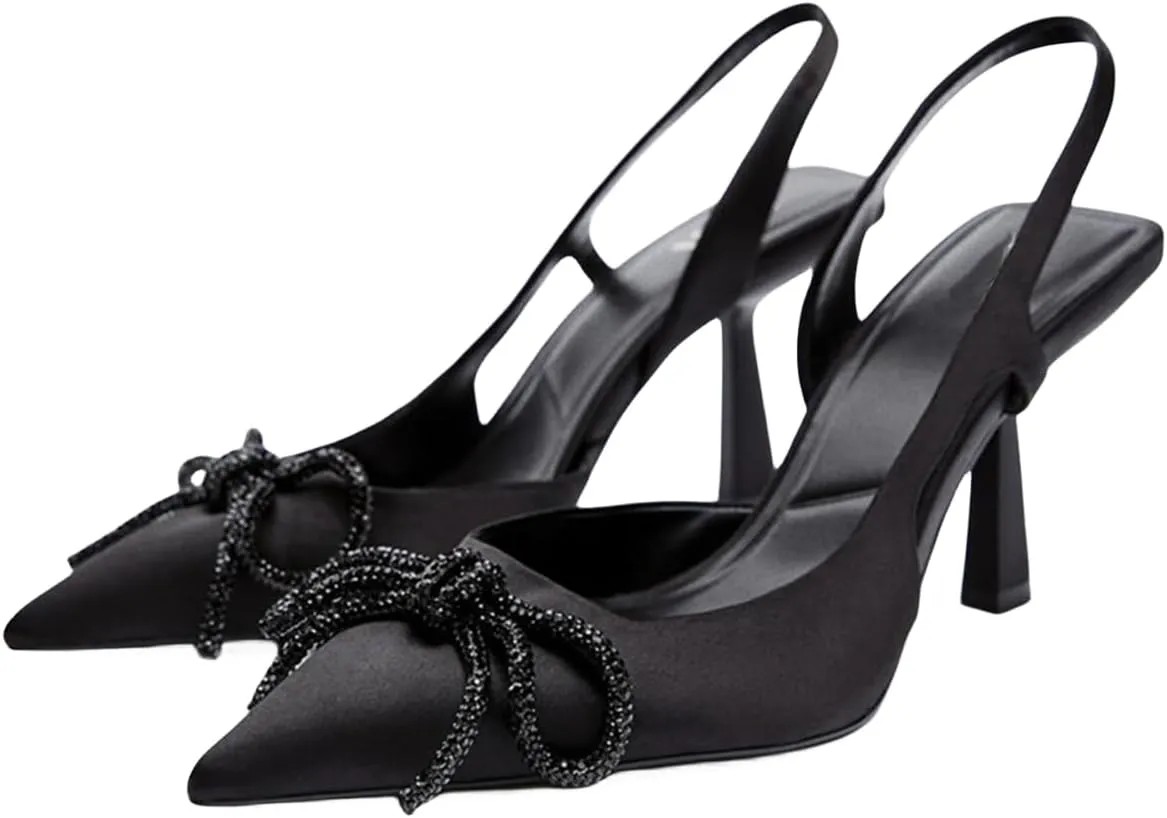 Black Heels with Bow Pumps for Women Stiletto Heel Satin Slingback Spring Shoes