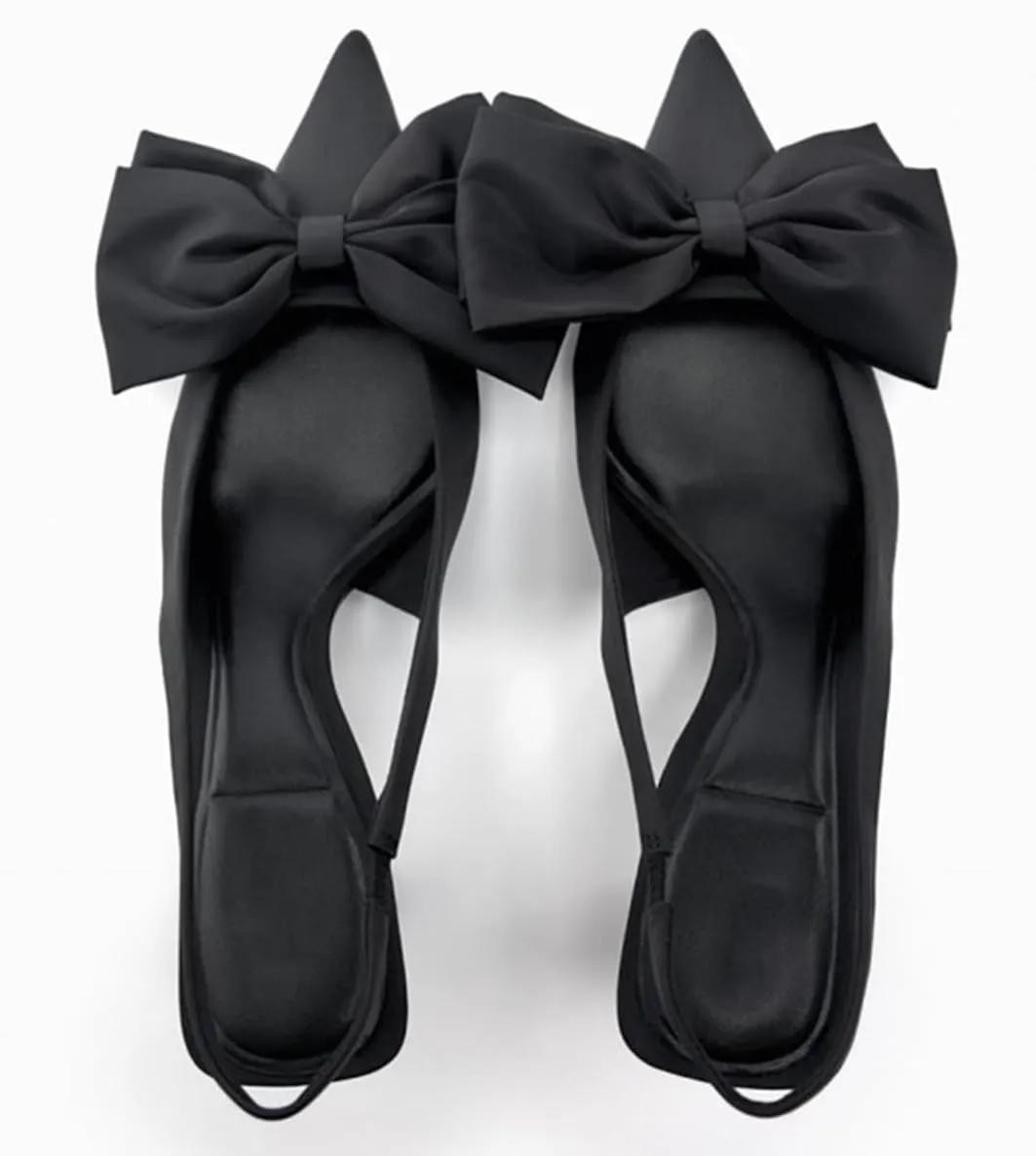 Black Heels with Bow Pumps for Women Stiletto Heel Satin Slingback Spring Shoes
