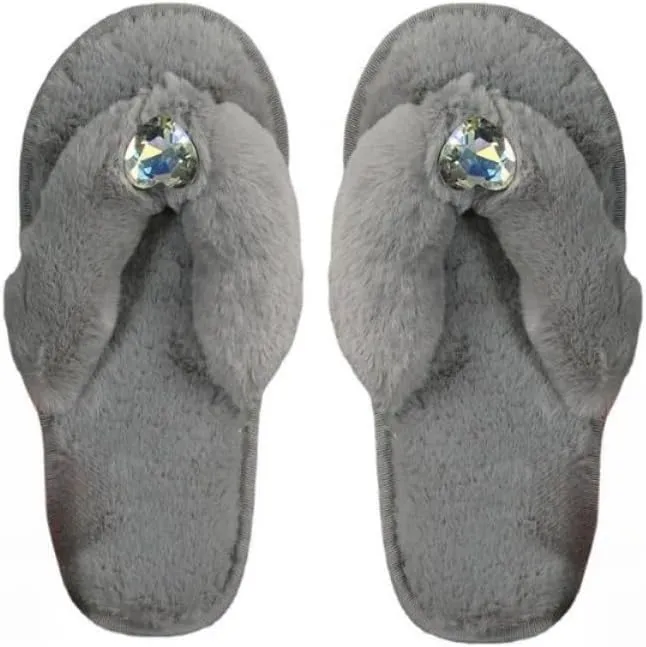 Bling Fuzzy slippers Cute Heart Shaped Rhinestone Women's Fluffy flip-flops for Indoor and Outdoor