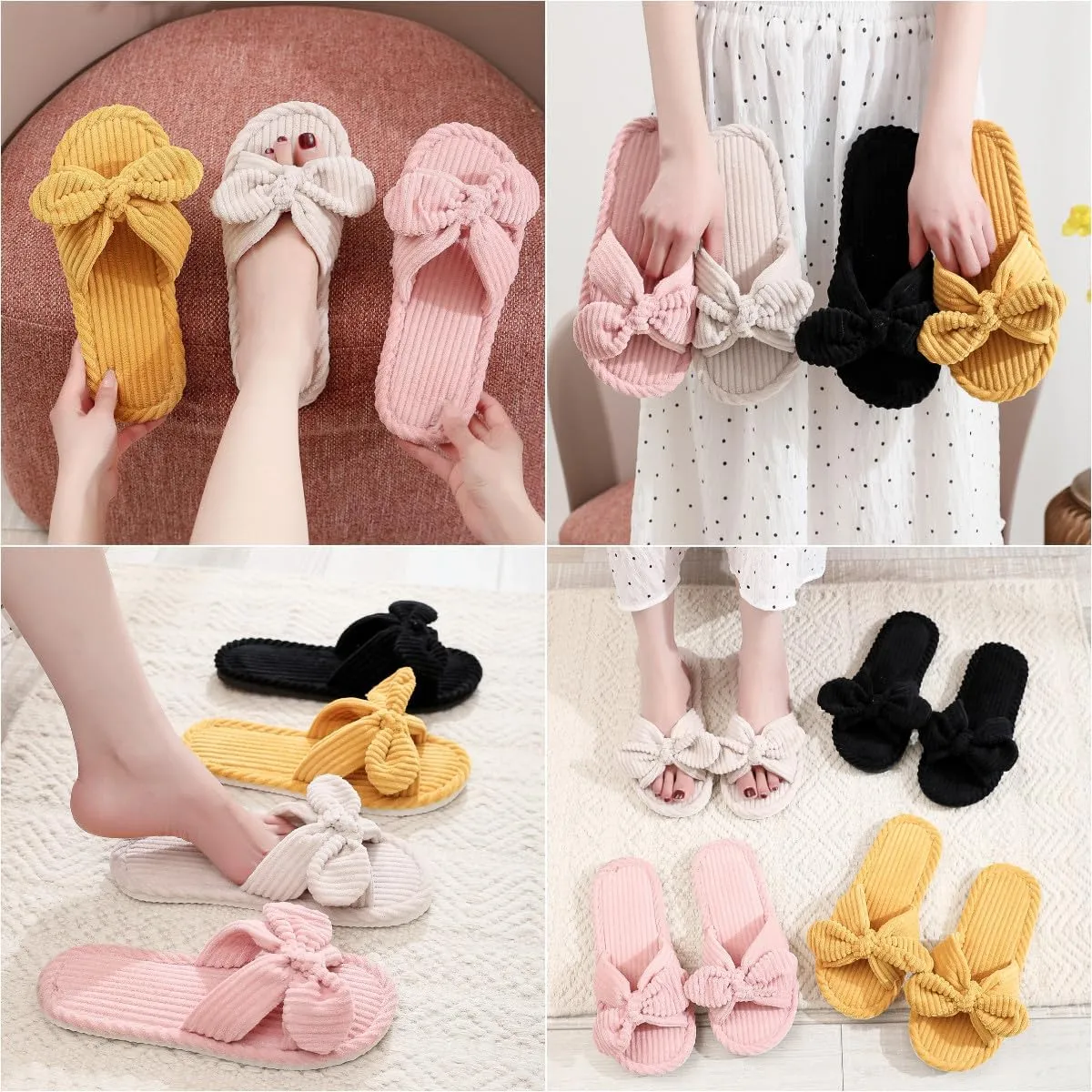 Bow Knot Slippers Women Cute Corduroy Slipper Preppy Kawaii House Slipper Comfy House Slides Open Toe Sandals Bedroom Shoes EVA Sole Cozy Indoor Outdoor Home Slipper