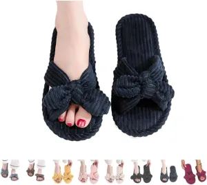 Bow Knot Slippers Women Cute Corduroy Slipper Preppy Kawaii House Slipper Comfy House Slides Open Toe Sandals Bedroom Shoes EVA Sole Cozy Indoor Outdoor Home Slipper