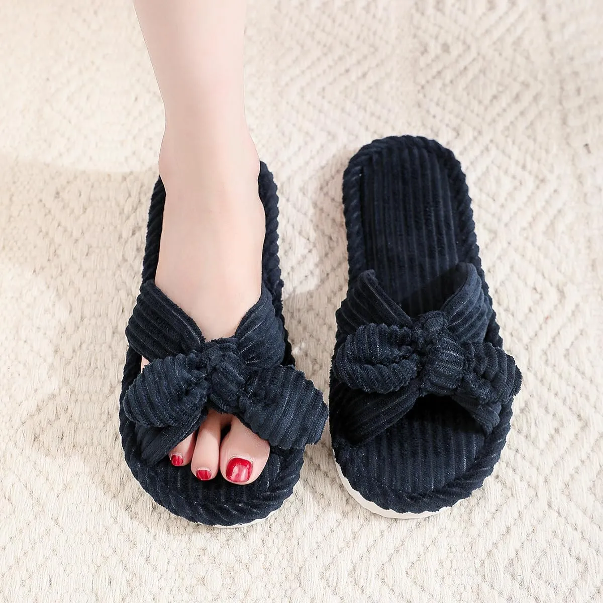 Bow Knot Slippers Women Cute Corduroy Slipper Preppy Kawaii House Slipper Comfy House Slides Open Toe Sandals Bedroom Shoes EVA Sole Cozy Indoor Outdoor Home Slipper
