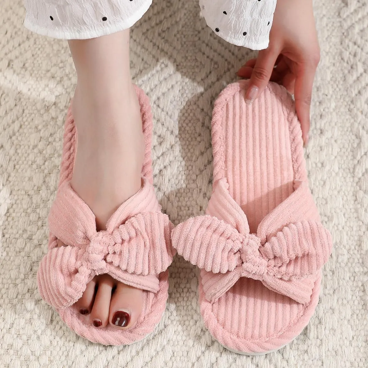 Bow Knot Slippers Women Cute Corduroy Slipper Preppy Kawaii House Slipper Comfy House Slides Open Toe Sandals Bedroom Shoes EVA Sole Cozy Indoor Outdoor Home Slipper