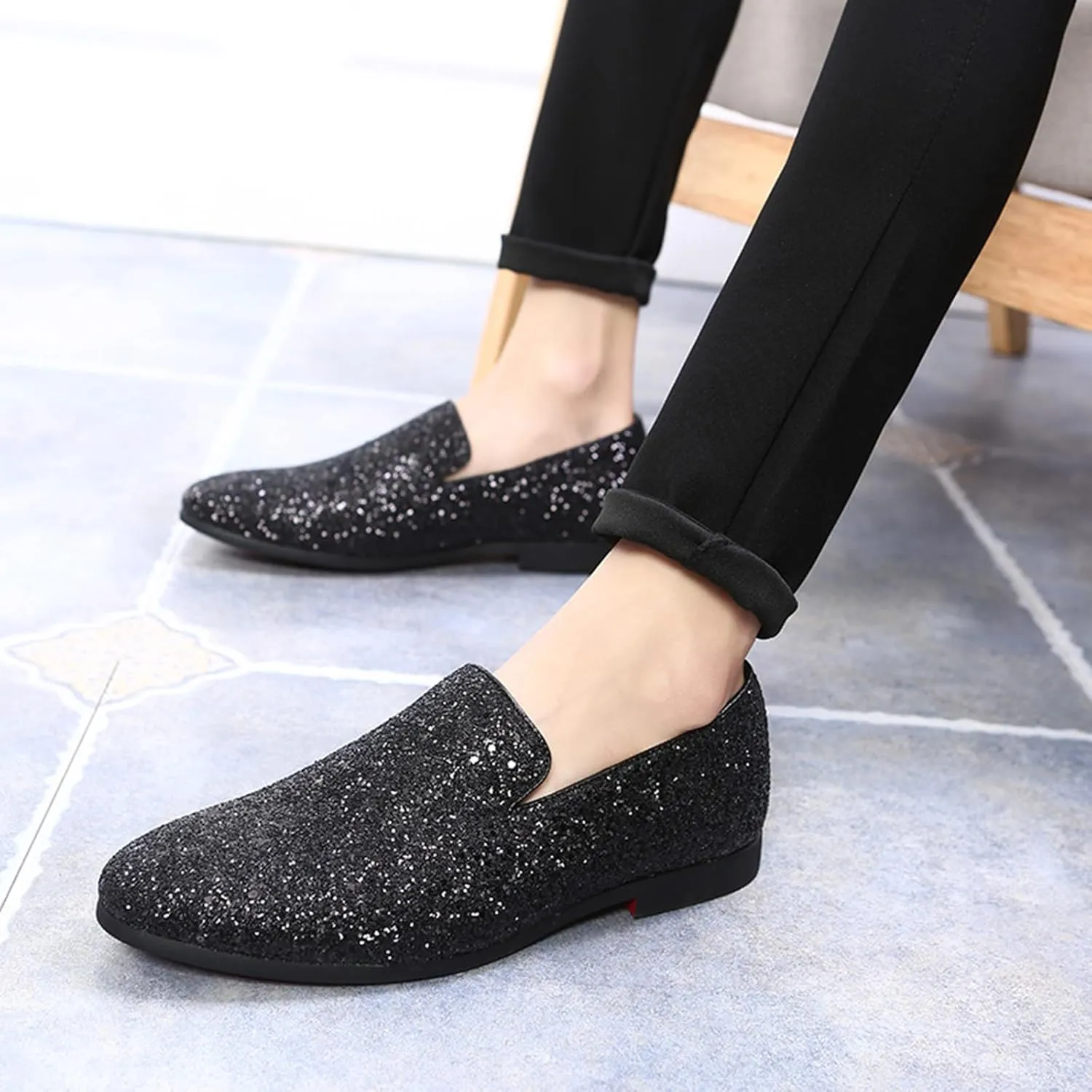 ByErz Mens Glitter Loafers Dress Slip on Party Wedding Penny Smoking Sparkly Shoes