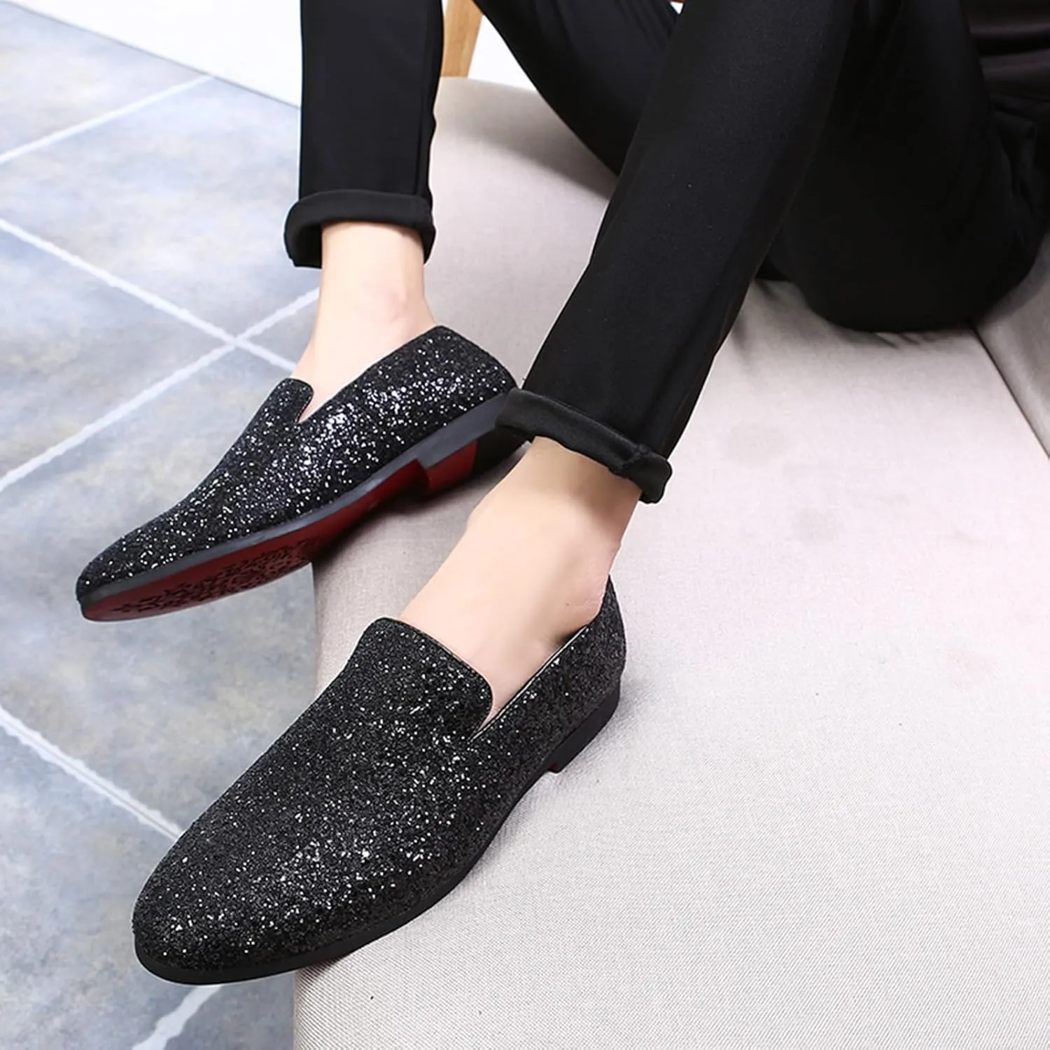 ByErz Mens Glitter Loafers Dress Slip on Party Wedding Penny Smoking Sparkly Shoes