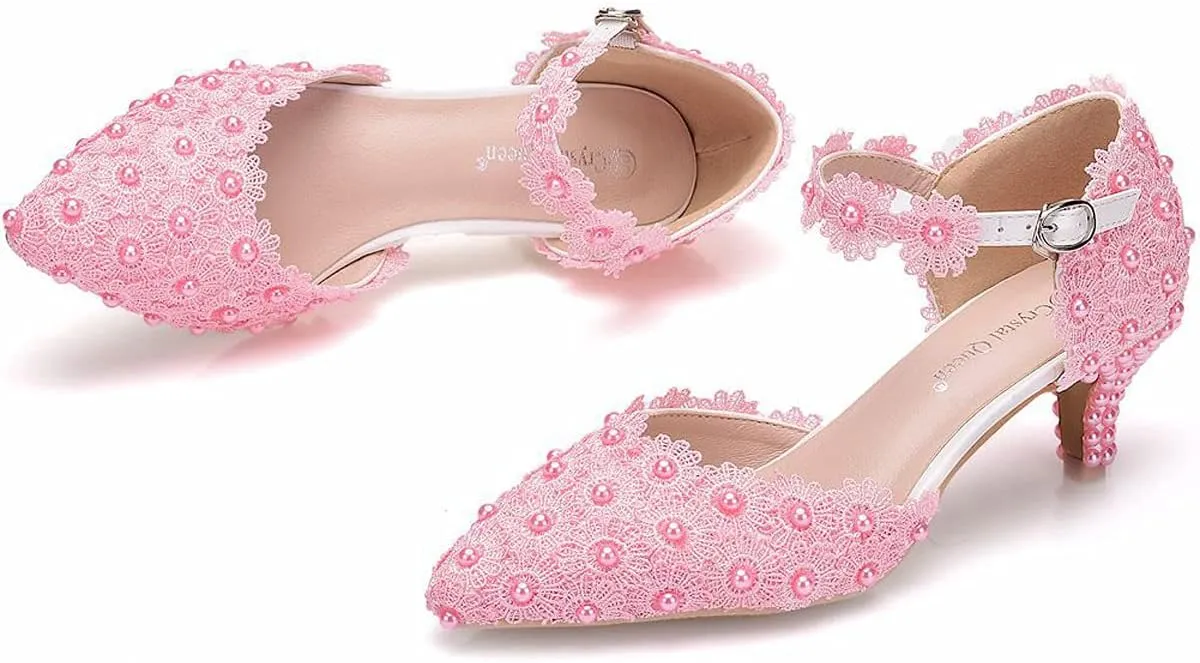 ChaiRong Zhou Women Classy Wedding Pumps, Pointy Toe Lace Flower Mid Heel Stilettos Slip on Dress Bridal Shoes