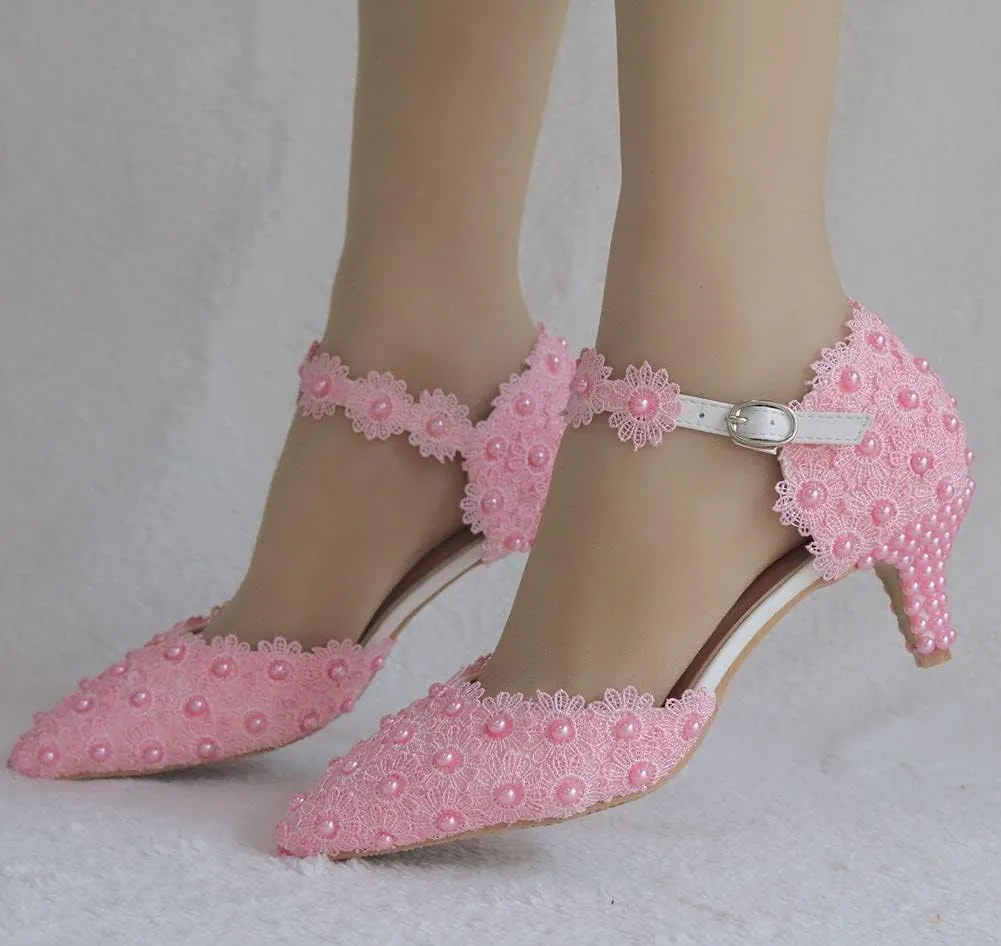 ChaiRong Zhou Women Classy Wedding Pumps, Pointy Toe Lace Flower Mid Heel Stilettos Slip on Dress Bridal Shoes