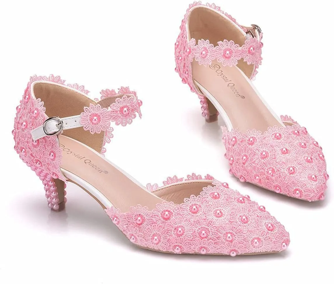ChaiRong Zhou Women Classy Wedding Pumps, Pointy Toe Lace Flower Mid Heel Stilettos Slip on Dress Bridal Shoes