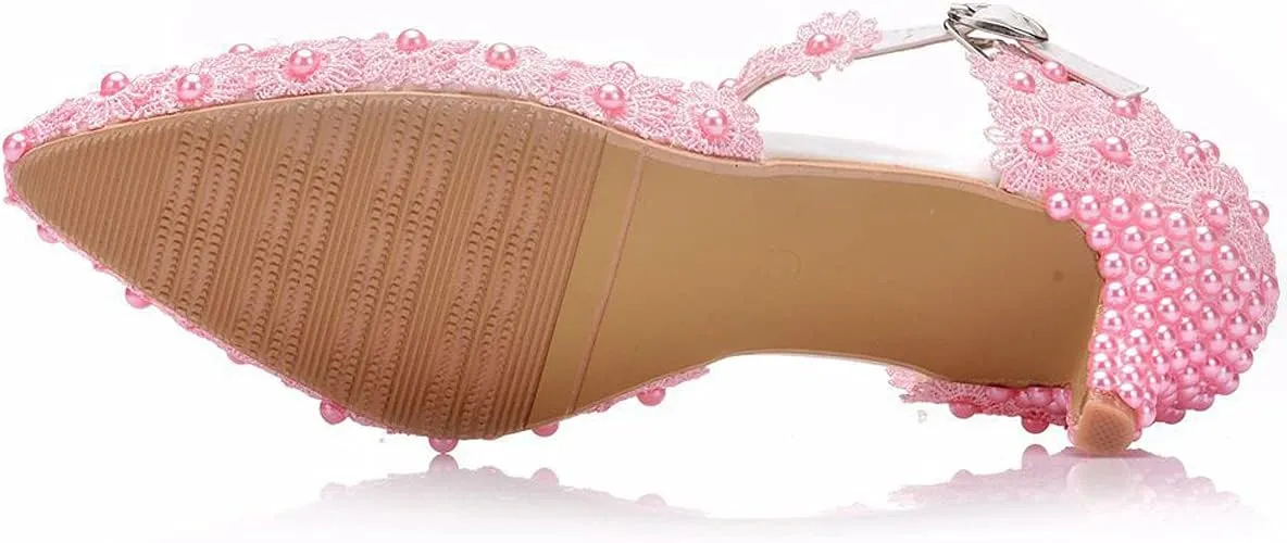 ChaiRong Zhou Women Classy Wedding Pumps, Pointy Toe Lace Flower Mid Heel Stilettos Slip on Dress Bridal Shoes