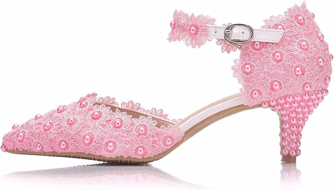 ChaiRong Zhou Women Classy Wedding Pumps, Pointy Toe Lace Flower Mid Heel Stilettos Slip on Dress Bridal Shoes