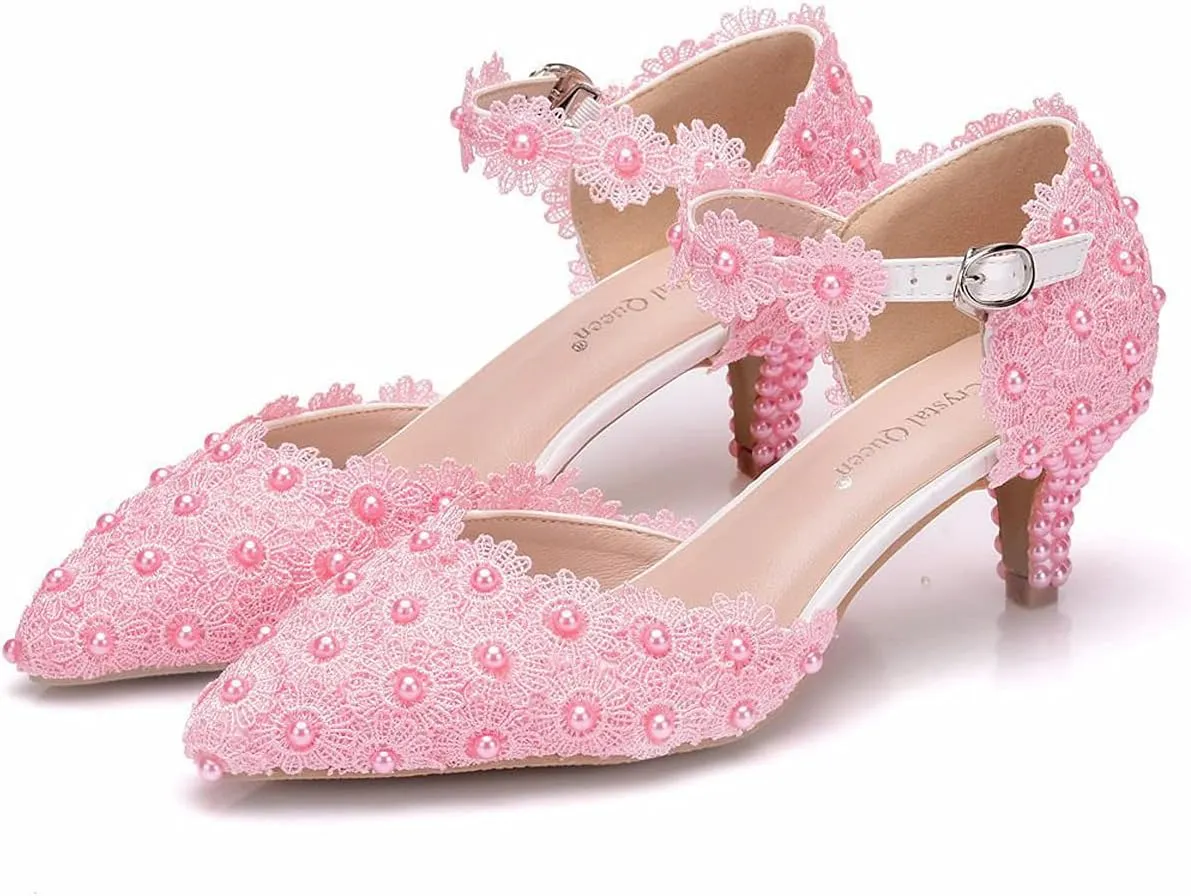 ChaiRong Zhou Women Classy Wedding Pumps, Pointy Toe Lace Flower Mid Heel Stilettos Slip on Dress Bridal Shoes