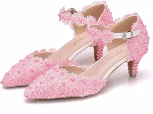 ChaiRong Zhou Women Classy Wedding Pumps, Pointy Toe Lace Flower Mid Heel Stilettos Slip on Dress Bridal Shoes