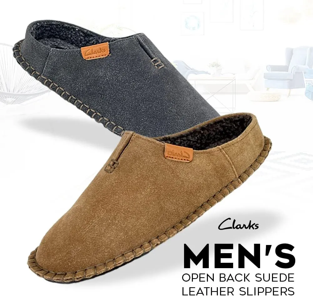 Clarks Mens Open Back Suede Leather Slipper With Heavy Stitching - Plush Sherpa Lining Indoor Outdoor House Slippers For Men M US