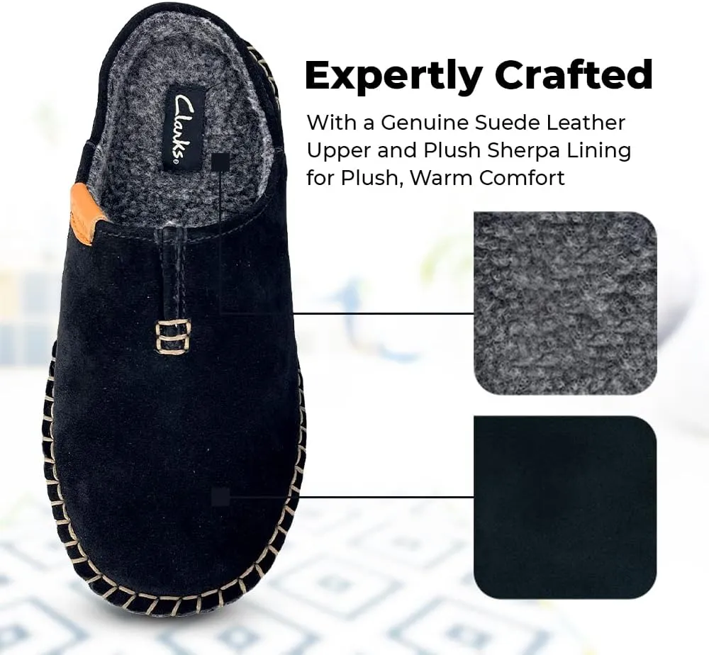 Clarks Mens Open Back Suede Leather Slipper With Heavy Stitching - Plush Sherpa Lining Indoor Outdoor House Slippers For Men M US