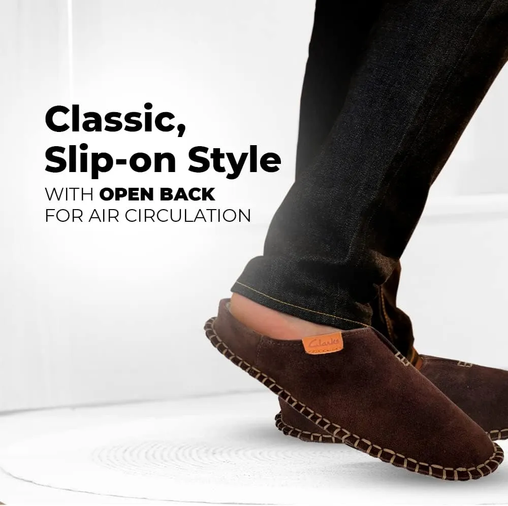 Clarks Mens Open Back Suede Leather Slipper With Heavy Stitching - Plush Sherpa Lining Indoor Outdoor House Slippers For Men M US