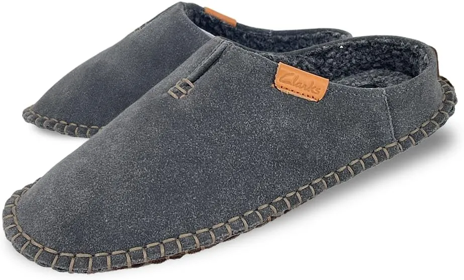 Clarks Mens Open Back Suede Leather Slipper With Heavy Stitching - Plush Sherpa Lining Indoor Outdoor House Slippers For Men M US