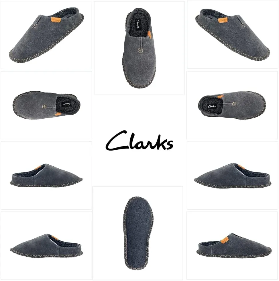 Clarks Mens Open Back Suede Leather Slipper With Heavy Stitching - Plush Sherpa Lining Indoor Outdoor House Slippers For Men M US