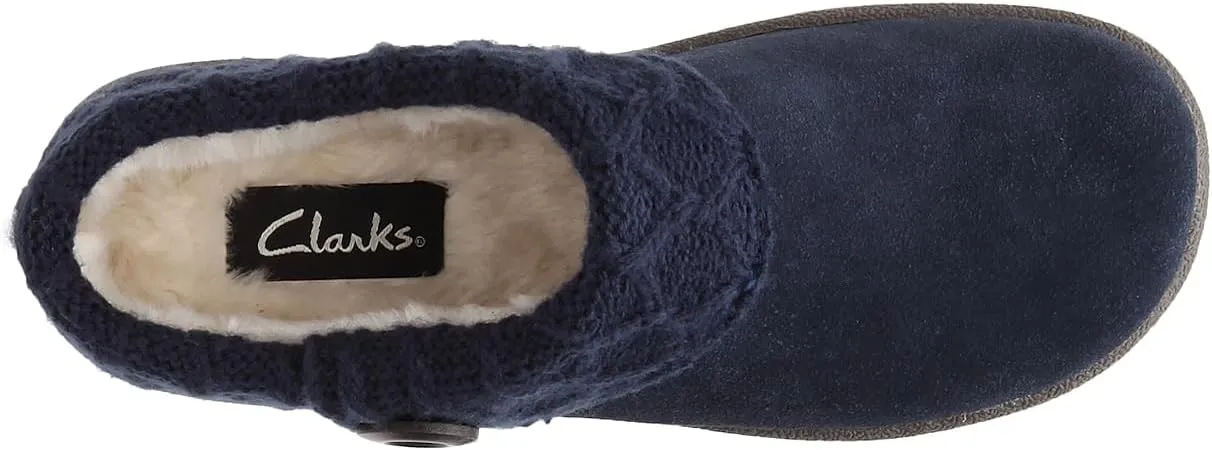 Clarks Womens Slipper Suede Leather Knitted Collar Clog Slippers - Plush Faux Fur Lining