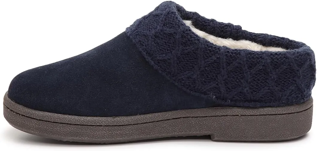 Clarks Womens Slipper Suede Leather Knitted Collar Clog Slippers - Plush Faux Fur Lining