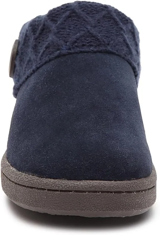 Clarks Womens Slipper Suede Leather Knitted Collar Clog Slippers - Plush Faux Fur Lining