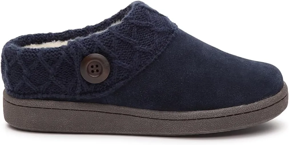 Clarks Womens Slipper Suede Leather Knitted Collar Clog Slippers - Plush Faux Fur Lining