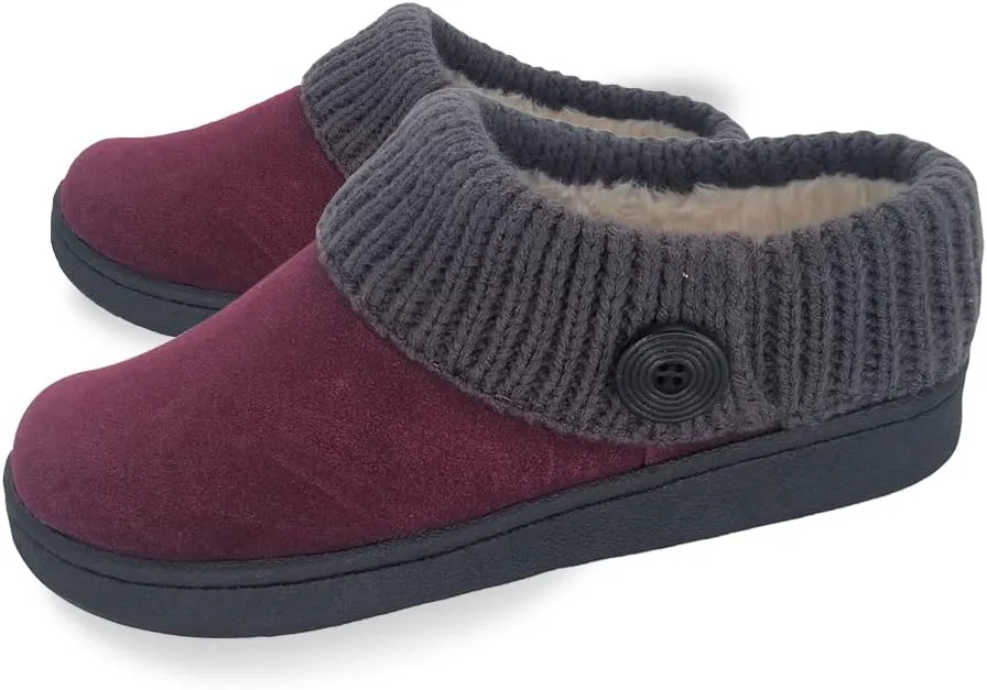 Clarks Womens Suede Leather Comfort Clog Knitted Collar Slipper - Plush Faux Fur Trim - Indoor Outdoor House Slippers For Women (Burgundy/Grey 6M)