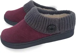 Clarks Womens Suede Leather Comfort Clog Knitted Collar Slipper - Plush Faux Fur Trim - Indoor Outdoor House Slippers For Women (Burgundy/Grey 6M)