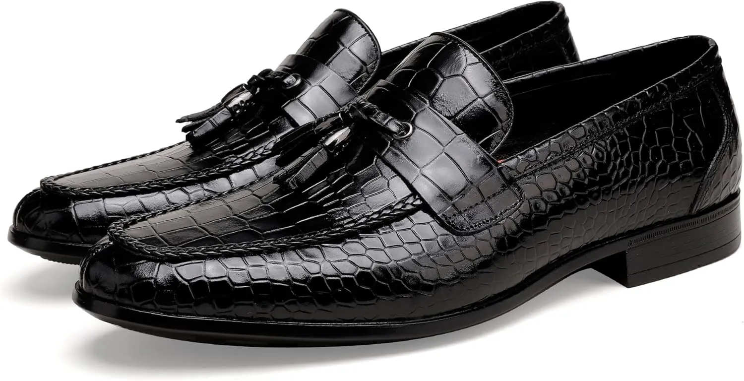 Classic Men's Tassel Dress Shoes, Alligator Printed Dress Loafer Casual Party Wedding Shoes Leather Penny Loafer for Mens