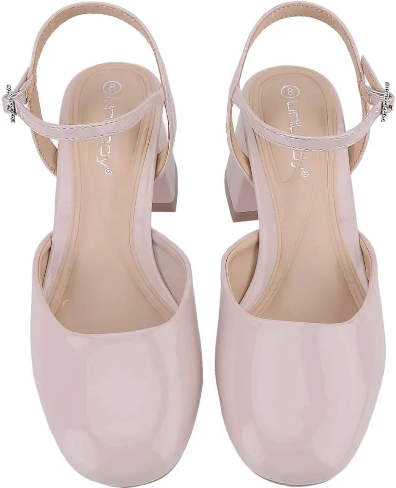 CLOVERLAY Women's Fashionable Ankle Strap Chunky Block Heel Pumps Low Heel Closed Toe Slingback Dress Shoes Spring Summer Vacation Spring Break Easter