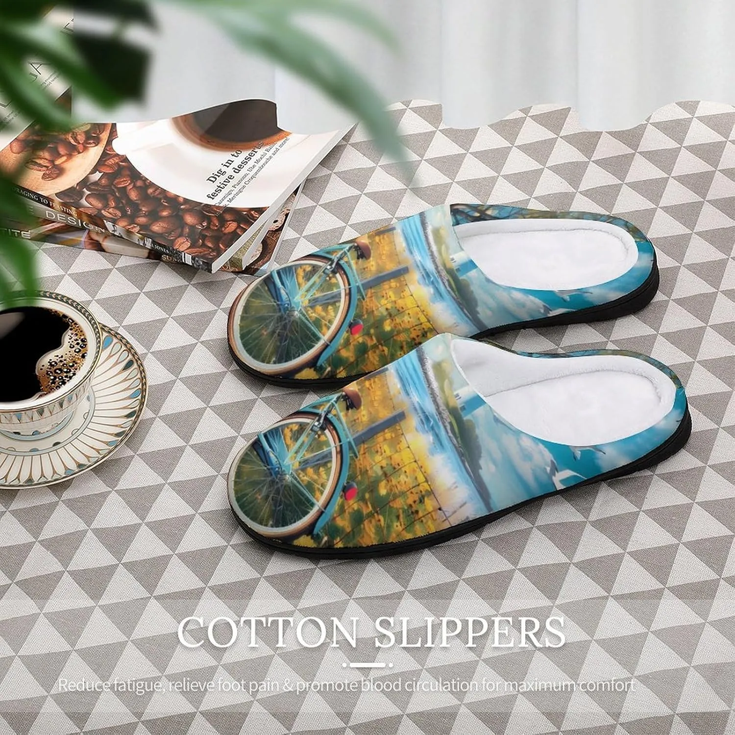 Coastal Lighthouse And Seagull Seaside Bikes Mens Slippers Casual Slip On Warm House Shoes with Rubber Sole Indoor Outdoor