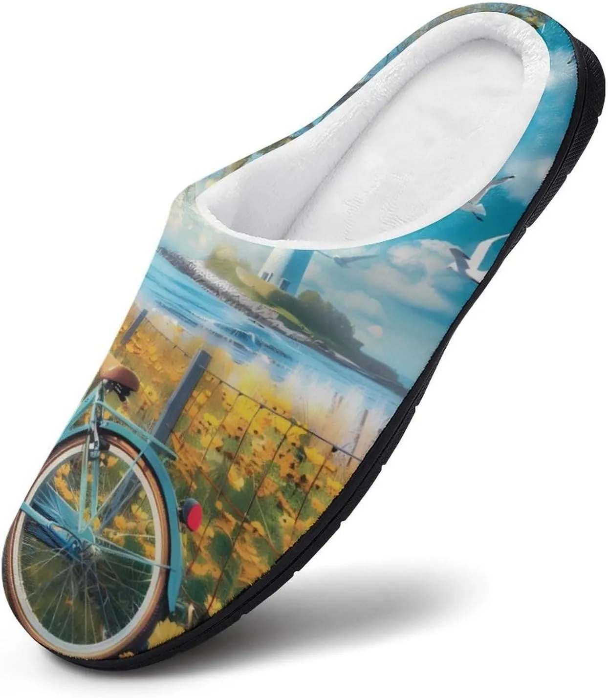 Coastal Lighthouse And Seagull Seaside Bikes Mens Slippers Casual Slip On Warm House Shoes with Rubber Sole Indoor Outdoor